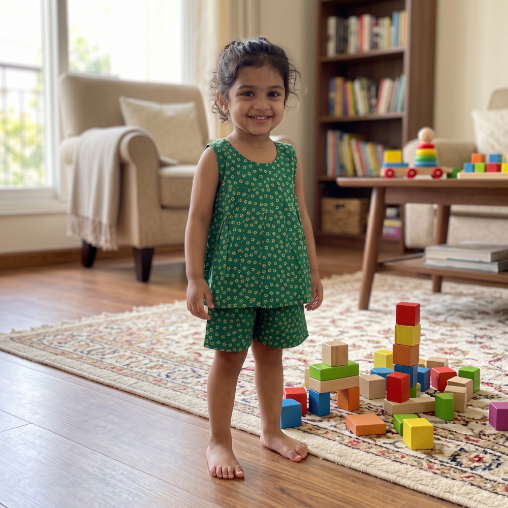 Image of Green Floral Frock-Style Top and Shorts