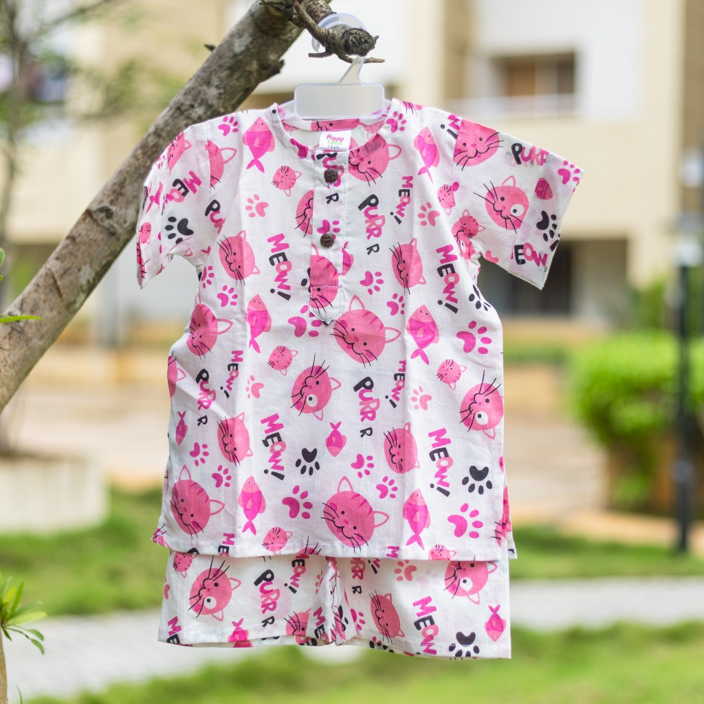 White and Pink Cat Print Summer Set