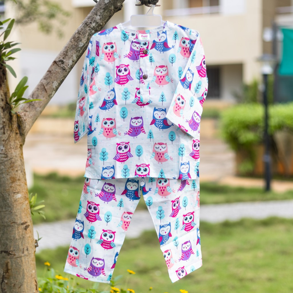 White Purple Pink Owl Print Night Dress