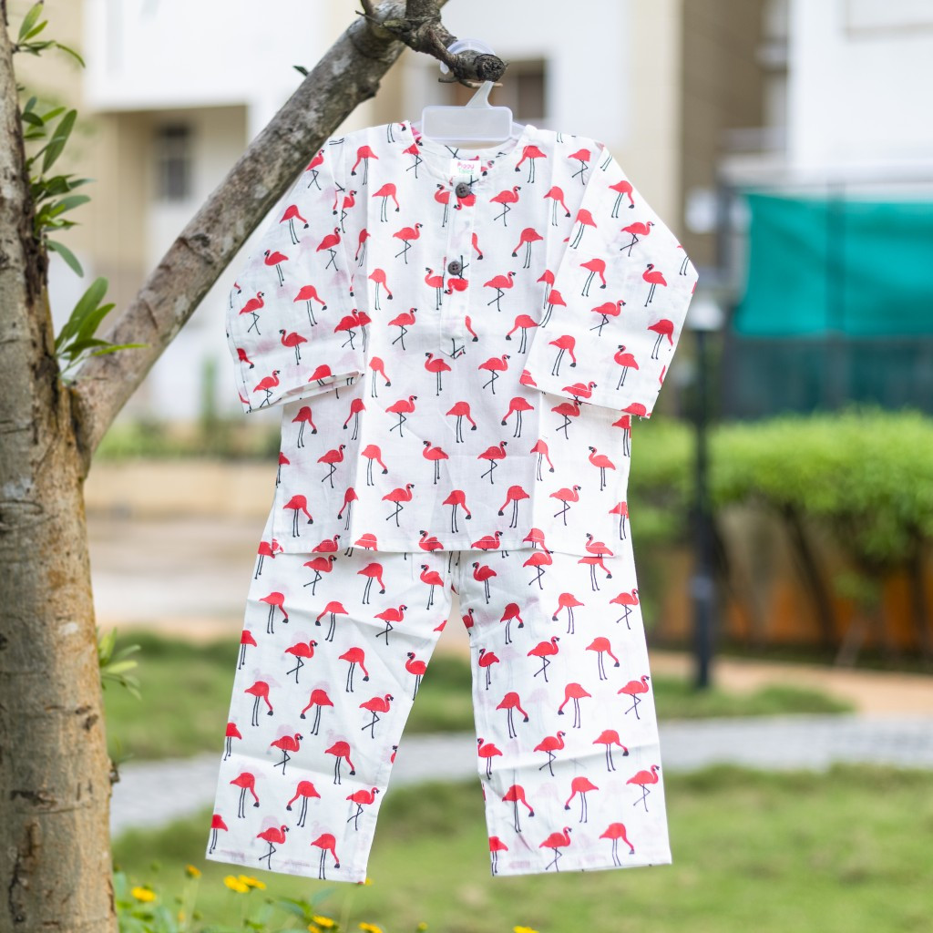 White and Red Flamingo Print Night Dress