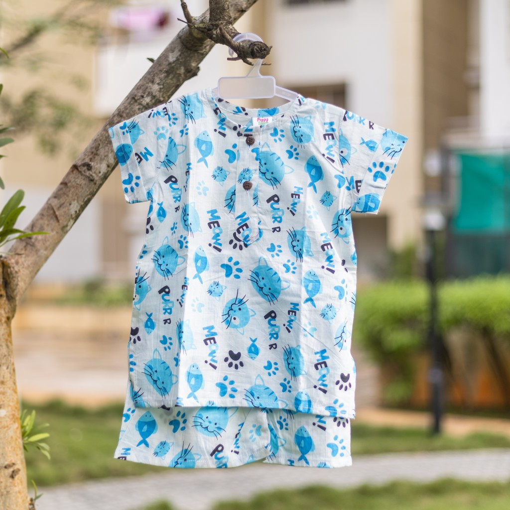 White and Blue Cat Print Summer Set