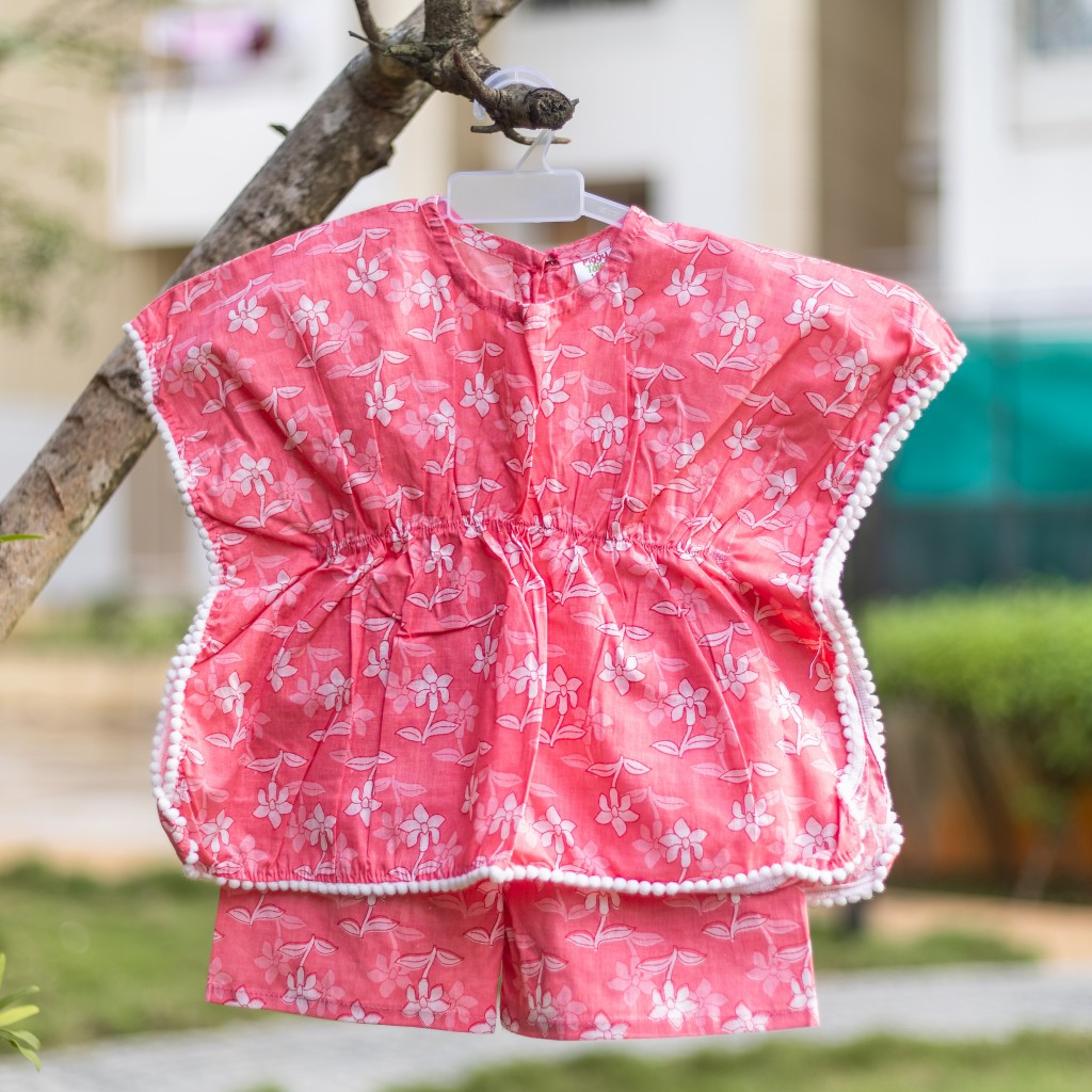 Pink ANd White Floral Print Kaftan Sets with Shorts