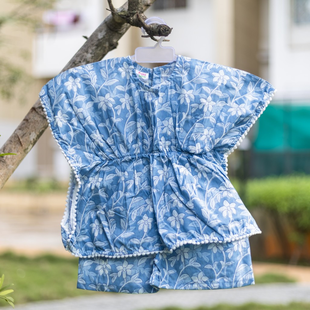 Blue White Floral print Kaftan Sets with Shorts