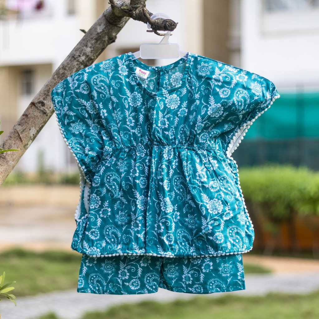 Teal White Floral Print Kaftan Sets with Shorts