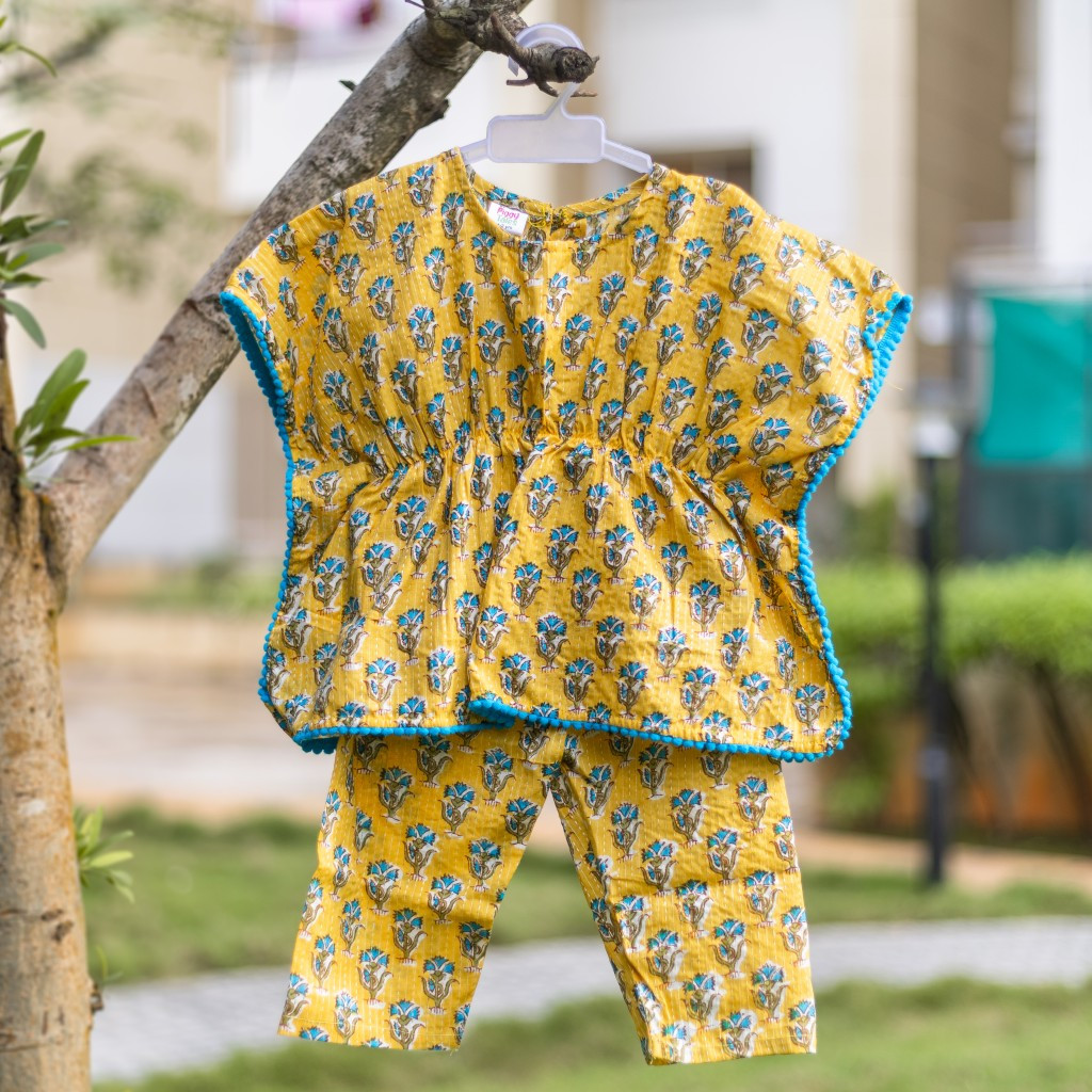 Mustadr Floral Kantha Print Kaftan Sets with Pants