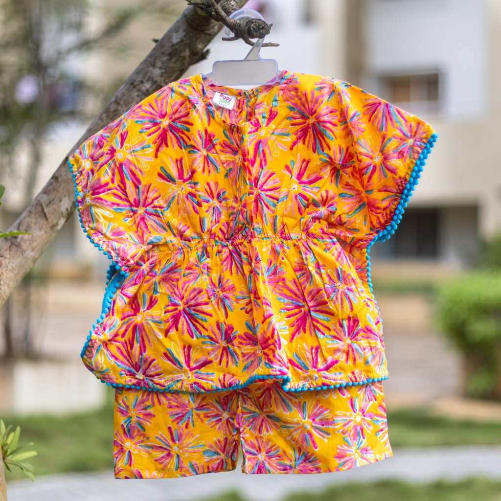 Yellow Starburst Print Kaftan Sets with Shorts