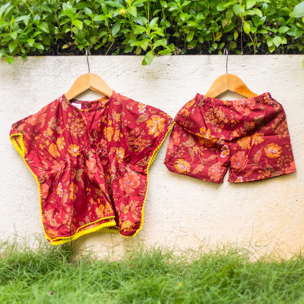 Deep Red Floral Print Kaftan Sets with Shorts