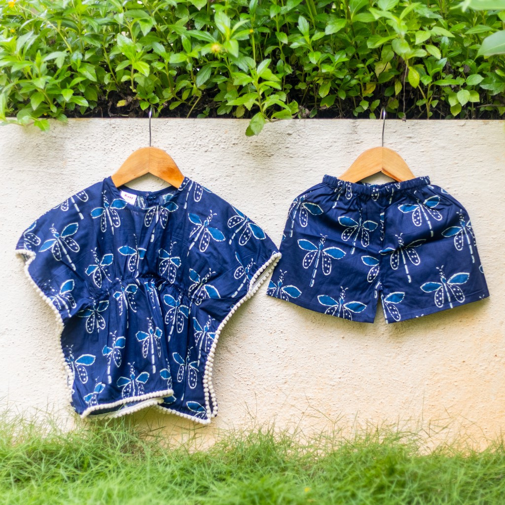 Indigo Butterfly Print Kaftan Sets with Shorts