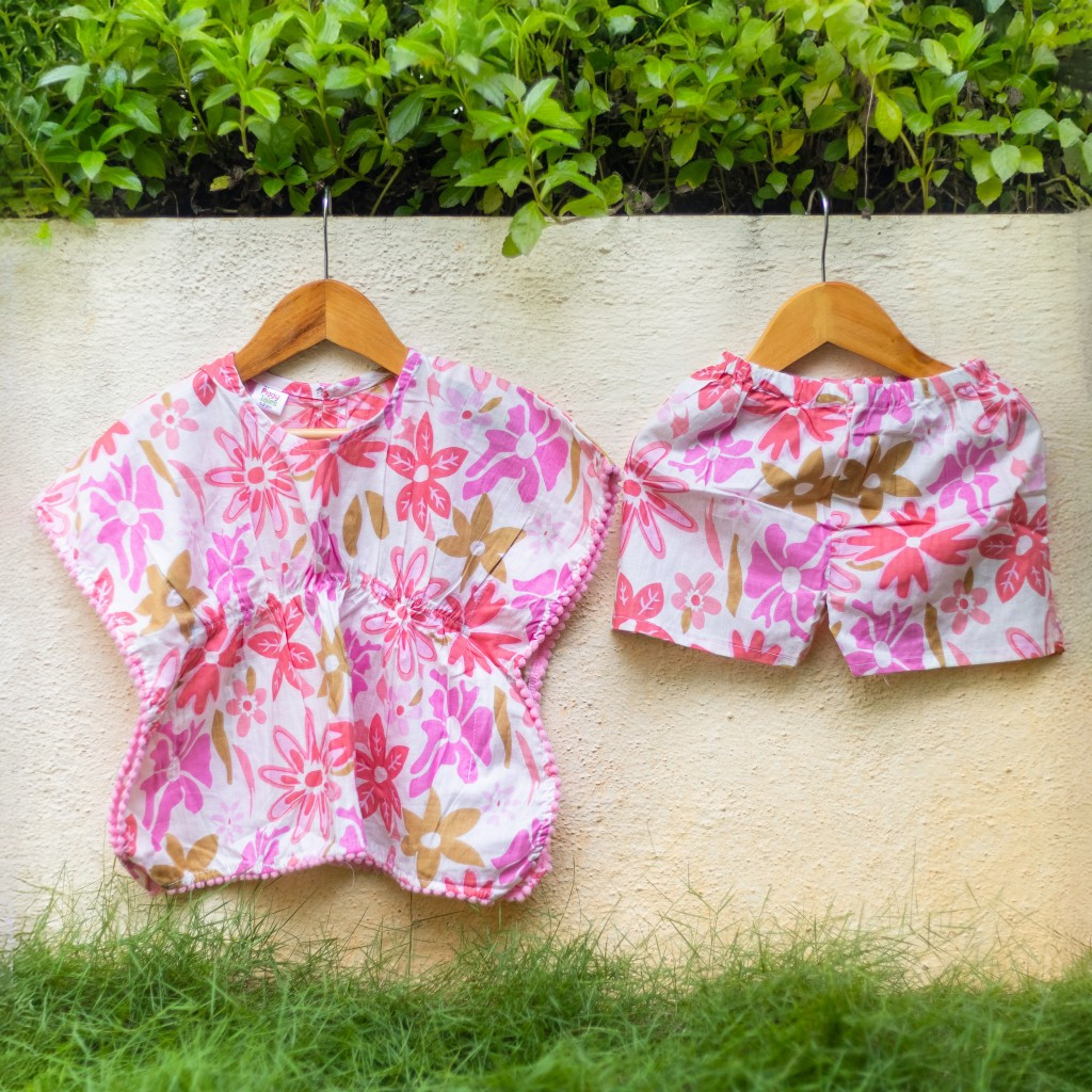 White and Pink Floral Print Kaftan Sets with Shorts