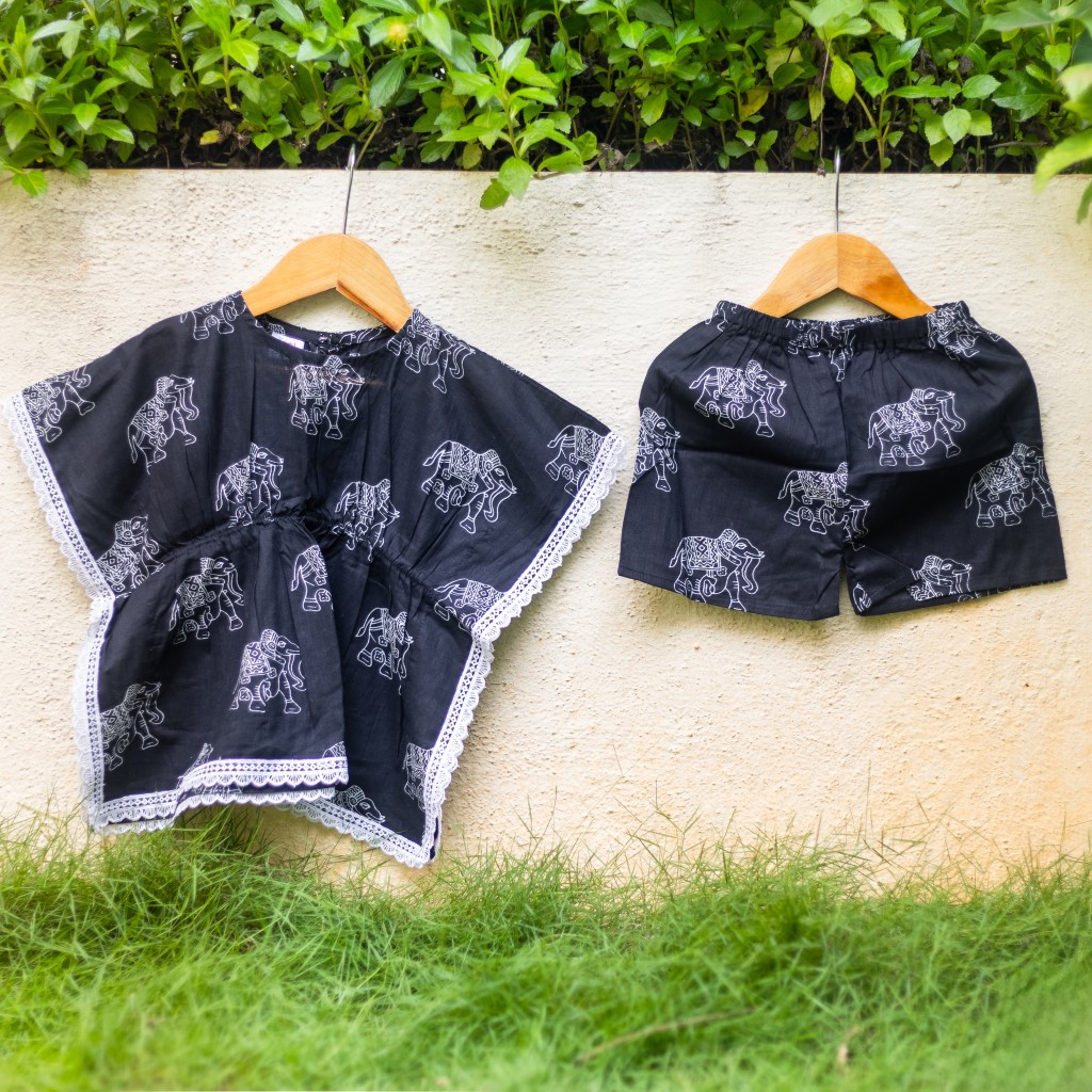 Black Ellie Print Kaftan Sets with Shorts