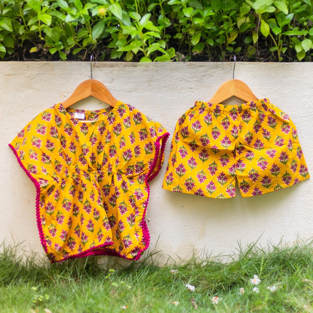 Yellow Floral Print Kaftan Sets with Shorts