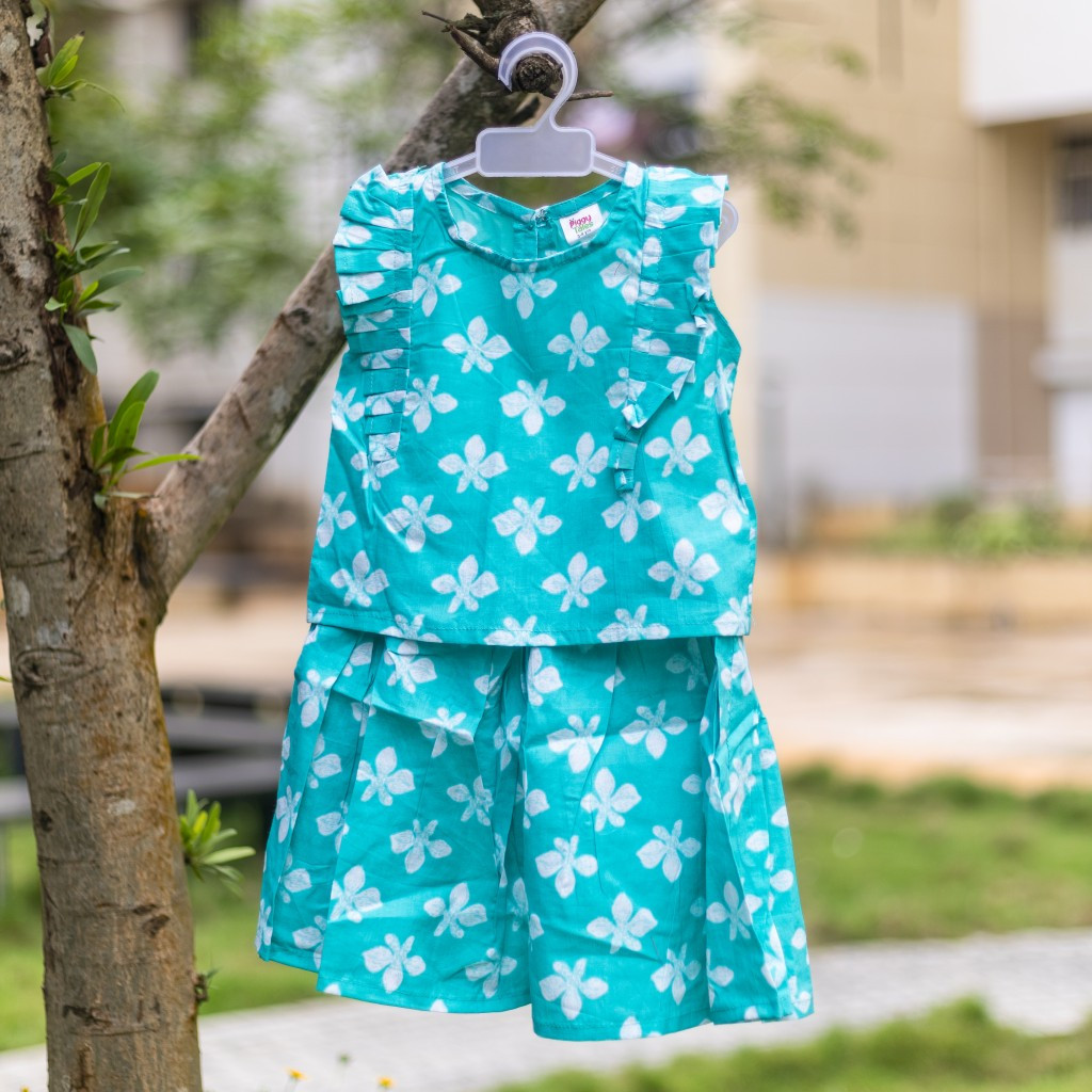 Bright Blue Blossom Print Co-ord Sets- Skirt and Top