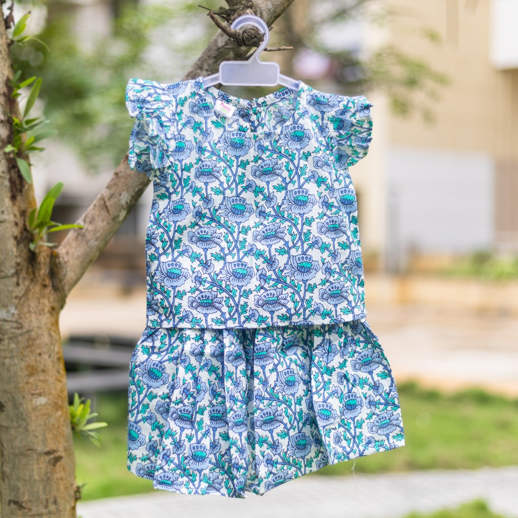 White nad Blue Floral Print Co-ord Sets- Skirt and Top