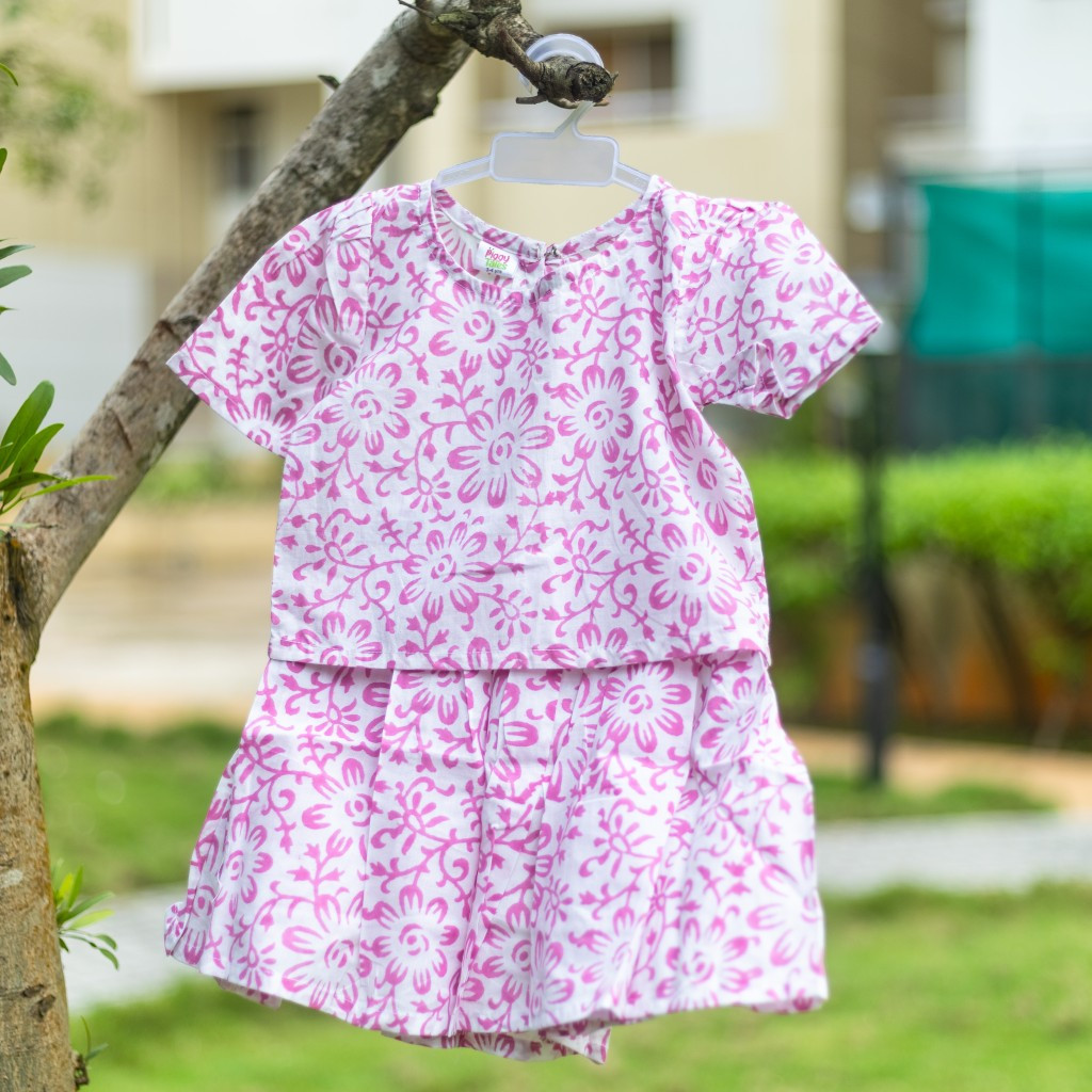 White and Pink Floral Print Co-ord Sets- Skirt and Top