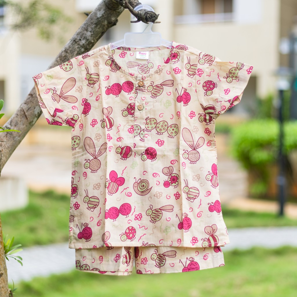 Beige Pink Bug Print Summer Set