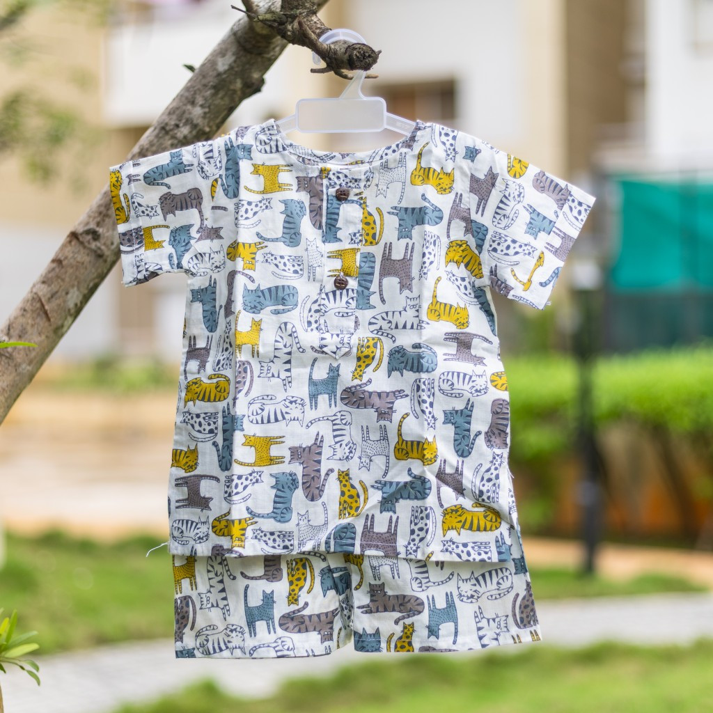 White Wild Cat Pyjama Print Summer Set