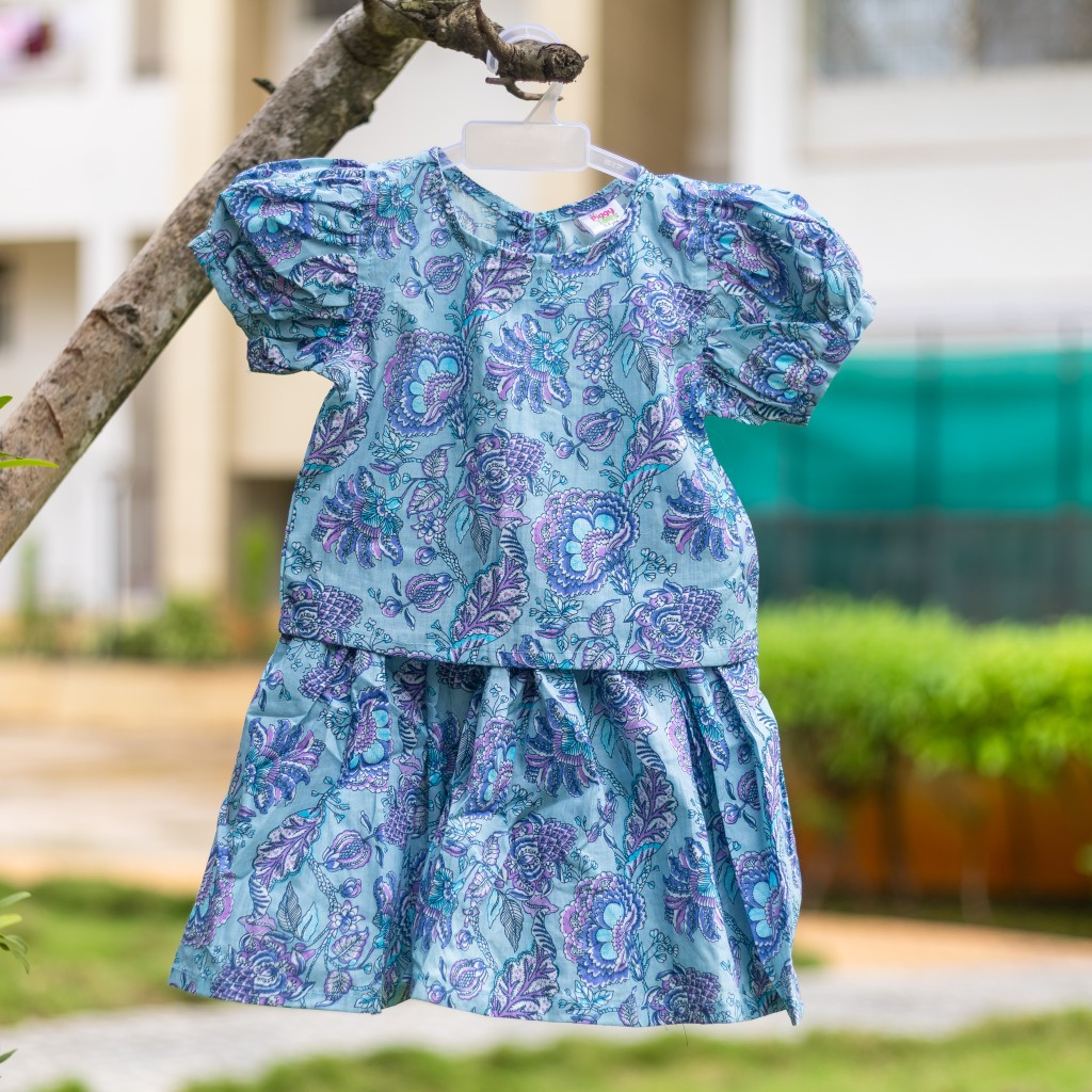 Blue Purple Floral Print Co-ord Sets- Skirt and Top