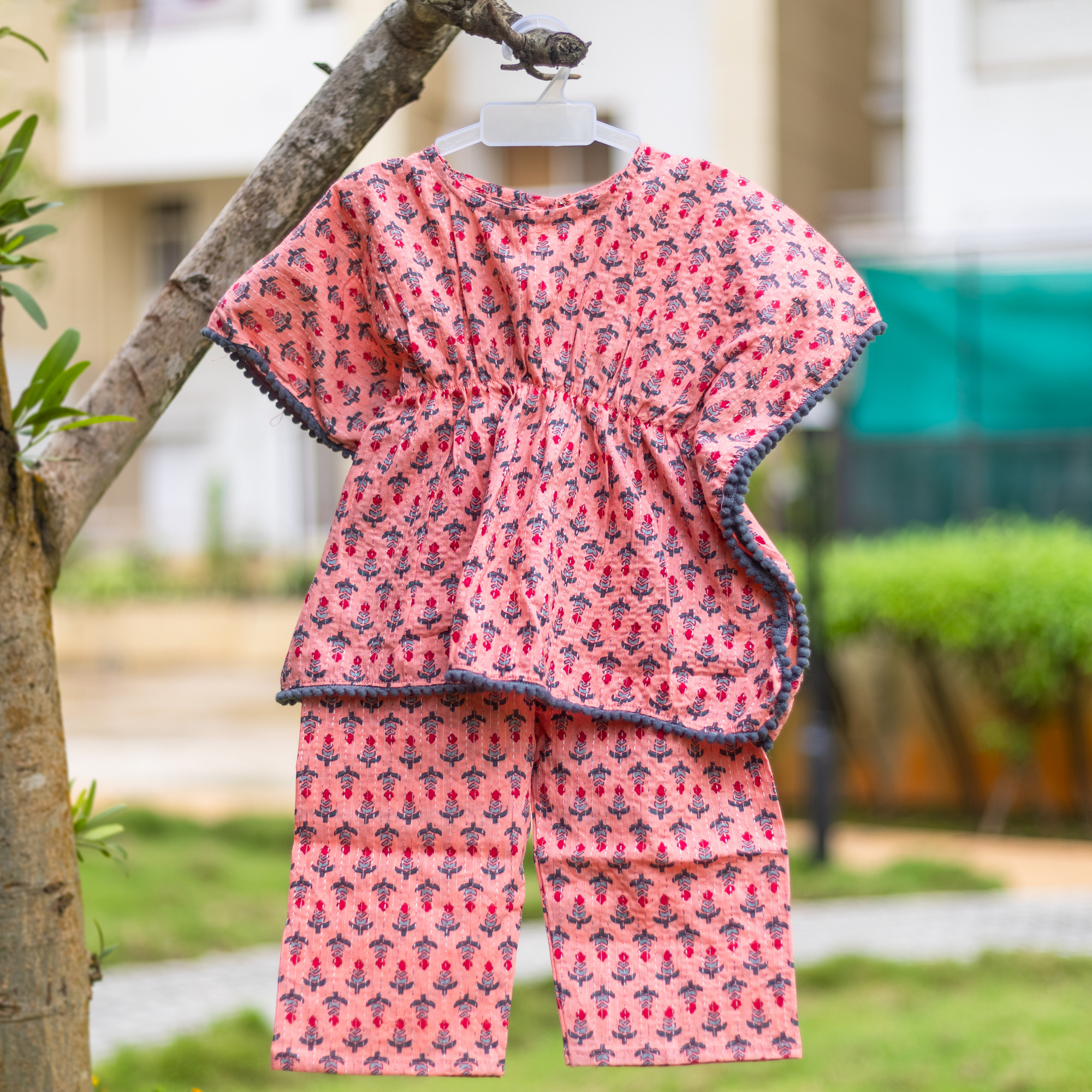 Peach Navy Kantha Print Kaftan Sets with Pants