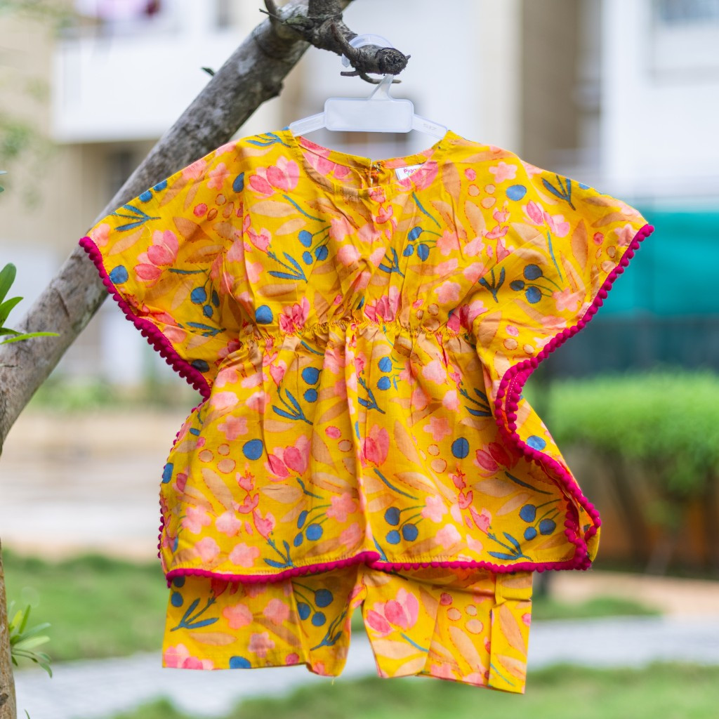 Yellow Multicolored Floral Print Kaftan Sets with Shorts