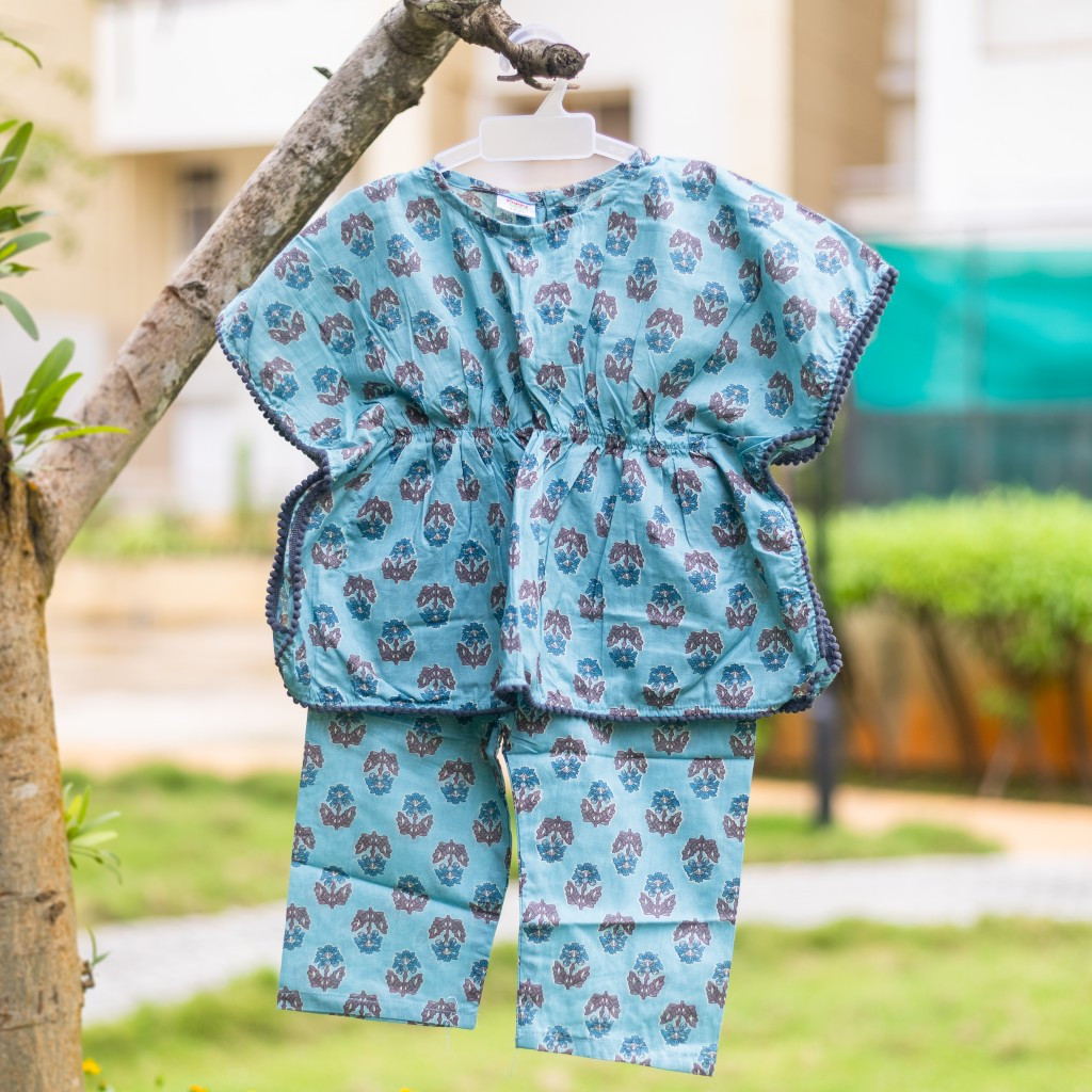 Aqua Floral Kaftan Sets with Pants