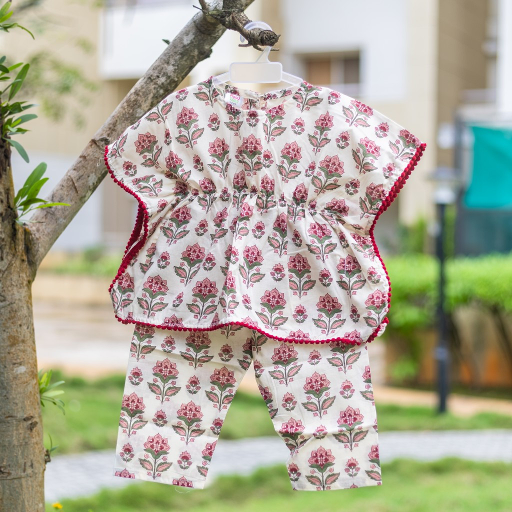 Cream and Maroon Floral Print Kaftan Sets with Pants