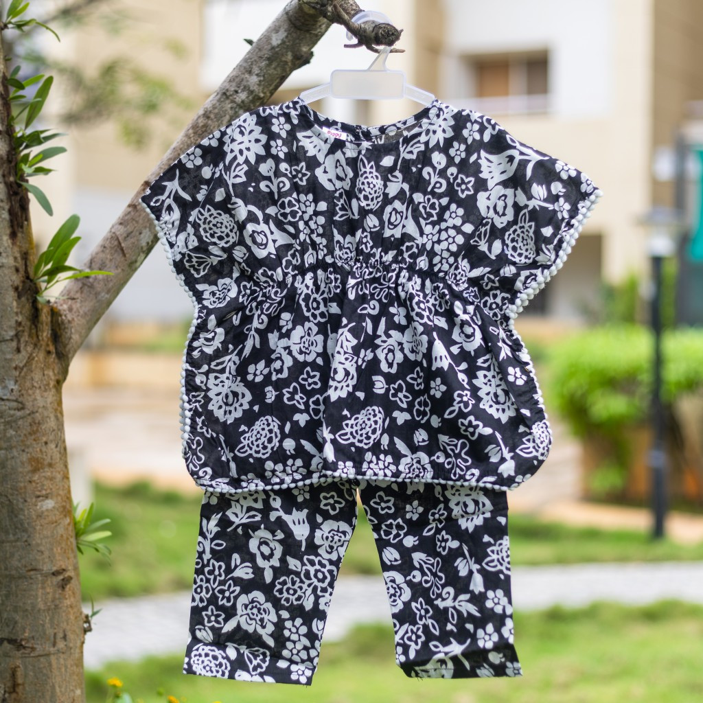Black White Floral Kaftan Sets with Pants