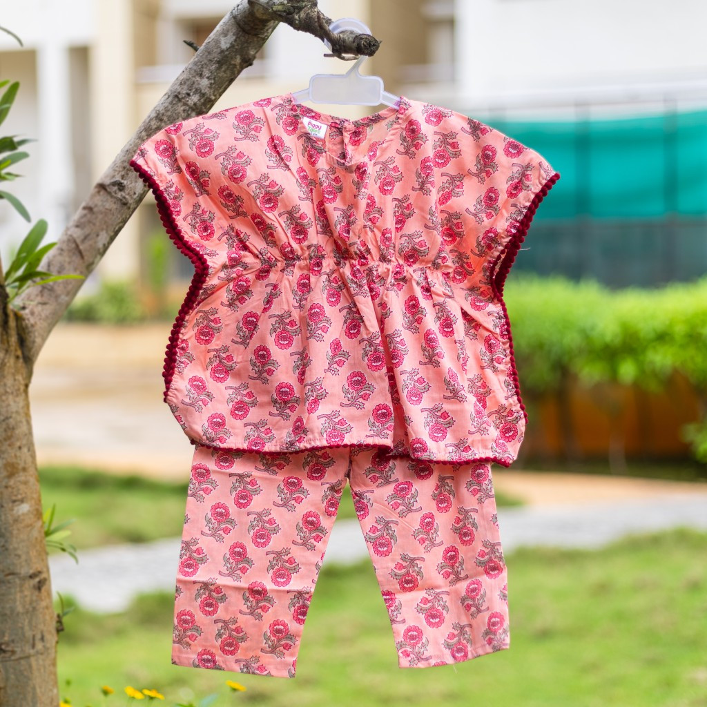 Salmon Pink Flower Kaftan Sets with Pants