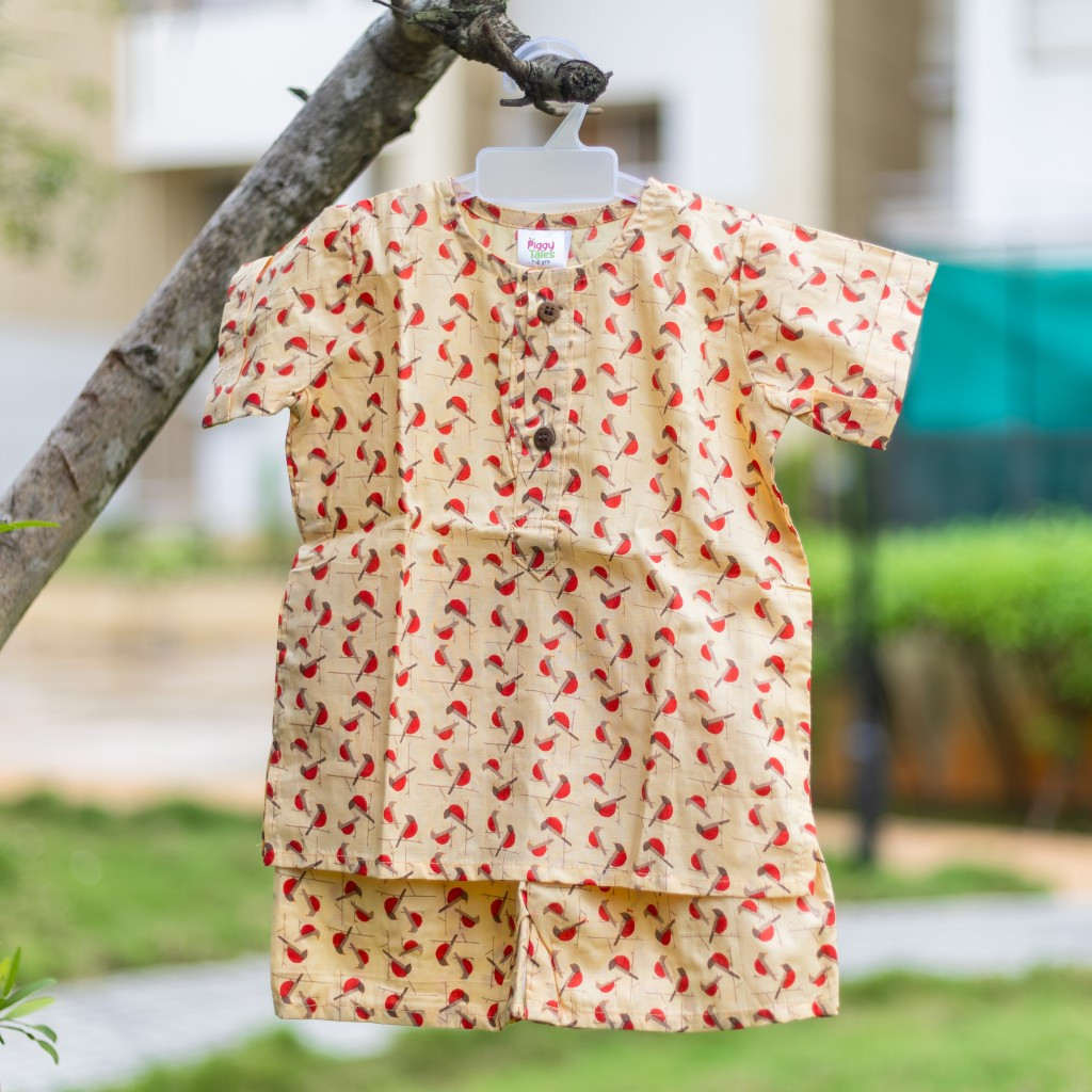 Beige Red Bird Print Summer Set