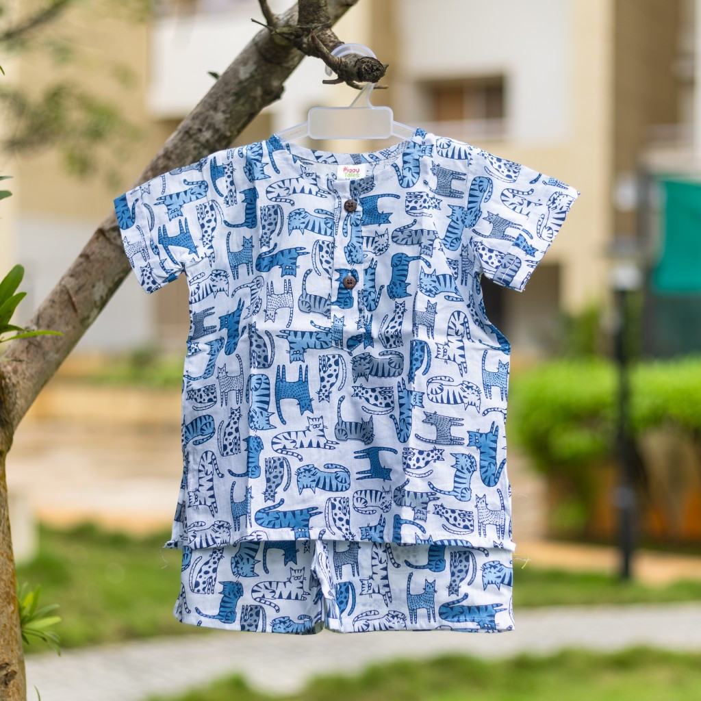 White and Blue Cat Print Summer Set