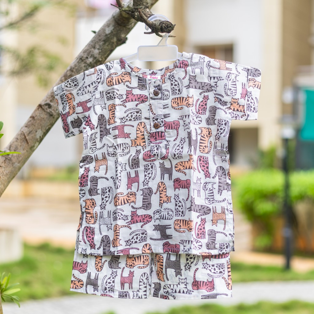 White and Brown Cat Print Summer Set