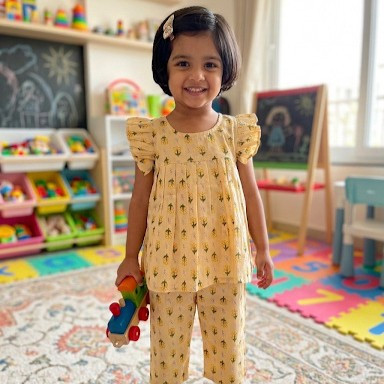 Lemon Yellow Meadow Frock-Style Top and Pants
