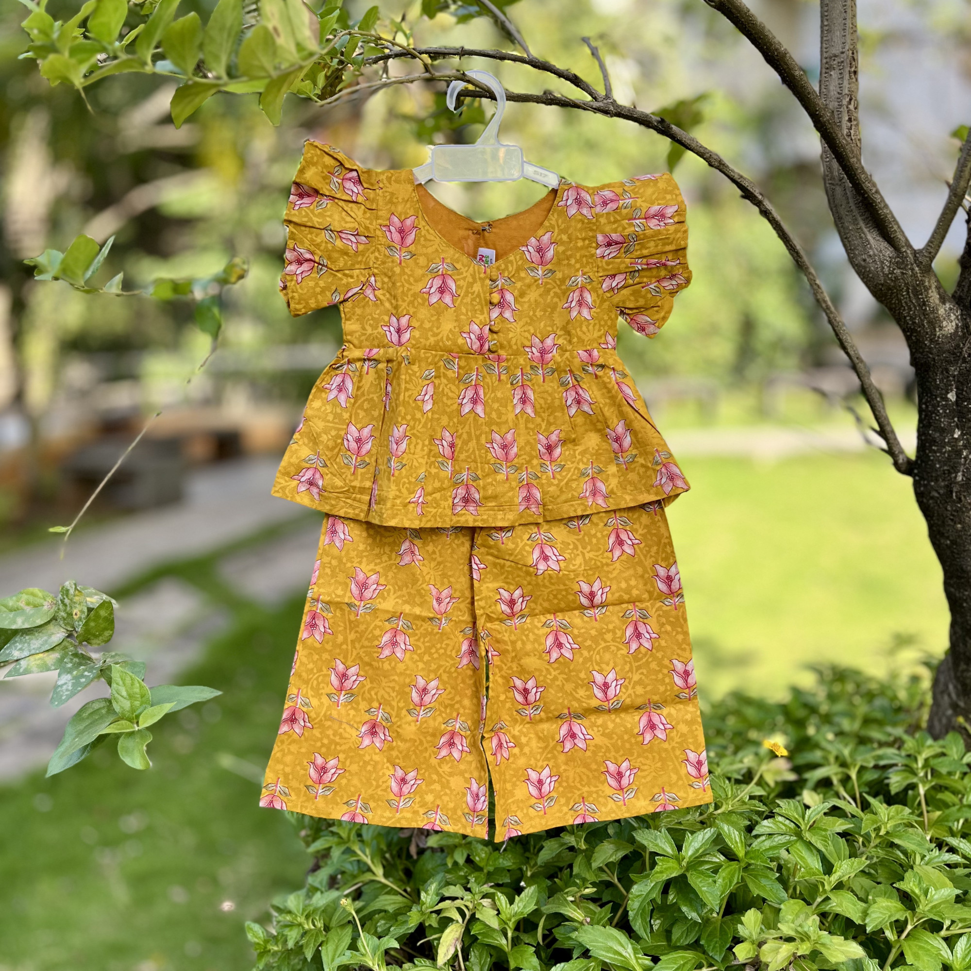 Mustard Floral Peplum Pallazo Set
