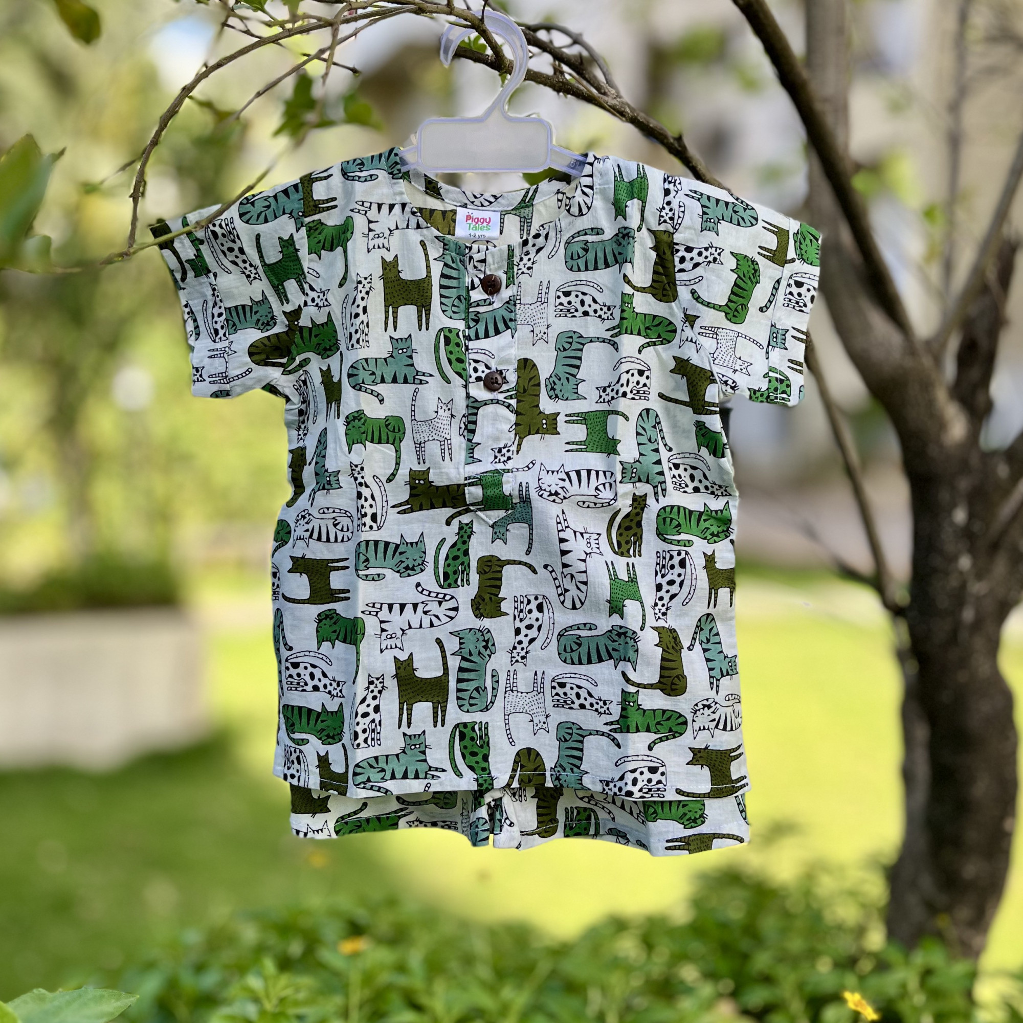 White and Green Cat Print Summer Set