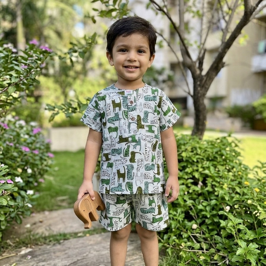 White and Green Cat Print Summer Set