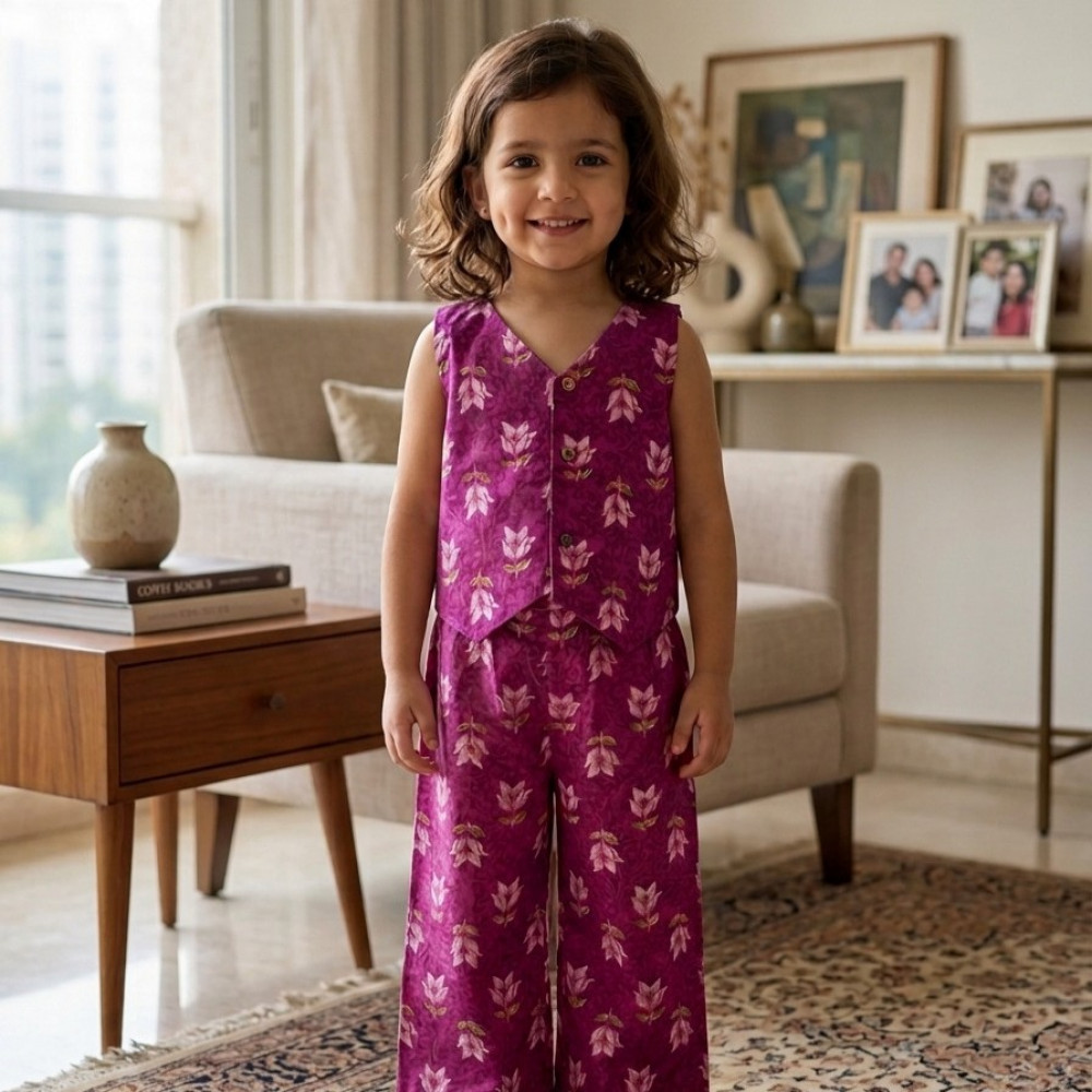 Image of Magenta Floral Waistcoat and Pallazo Set