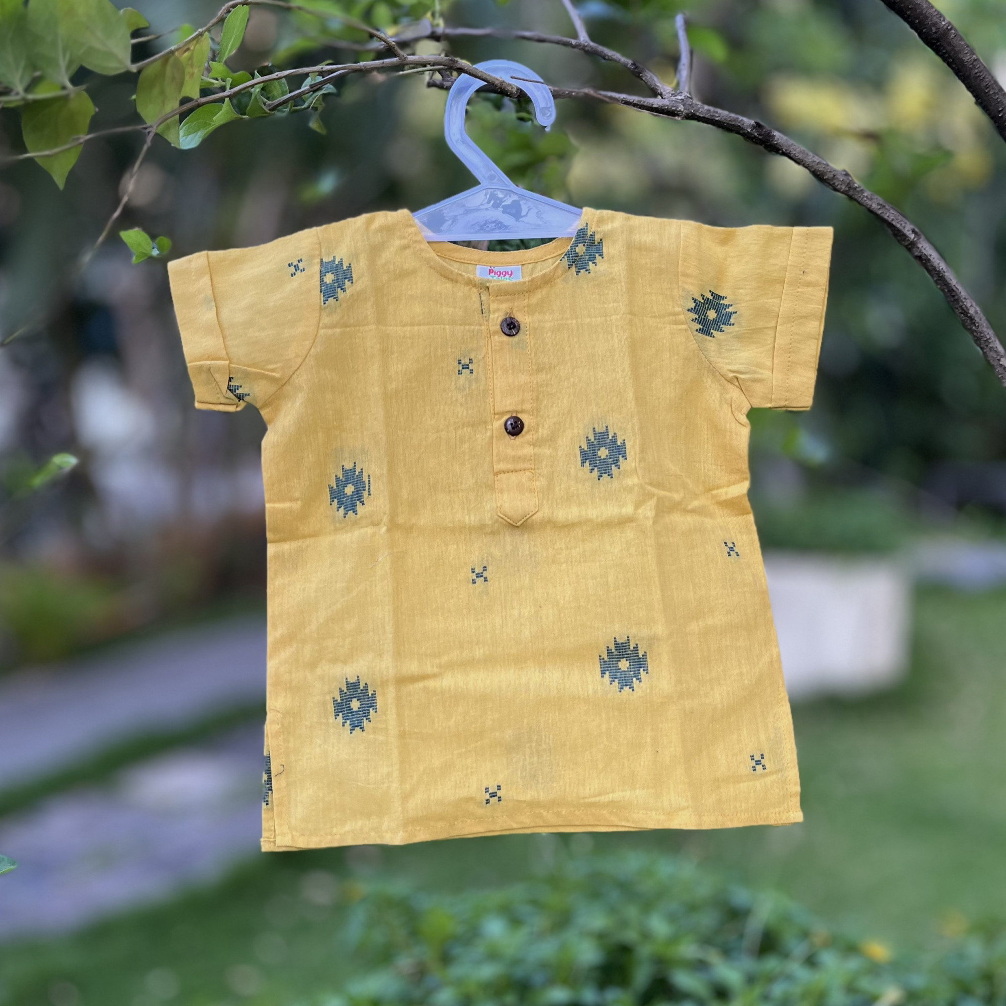 Pure Cotton Jamdani Yellow Short Kurta