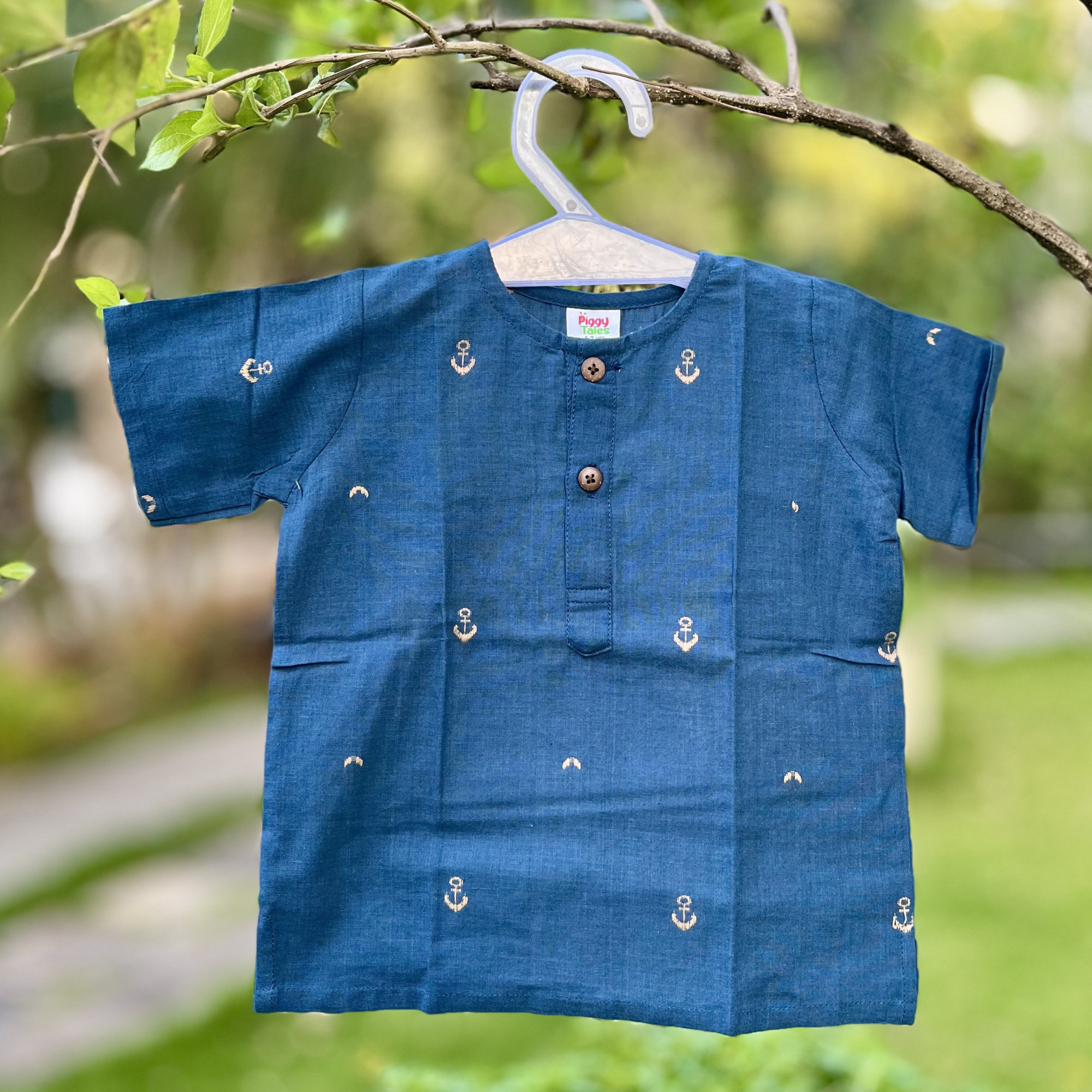 Denim Blue Cotton Jamdani Short Kurta