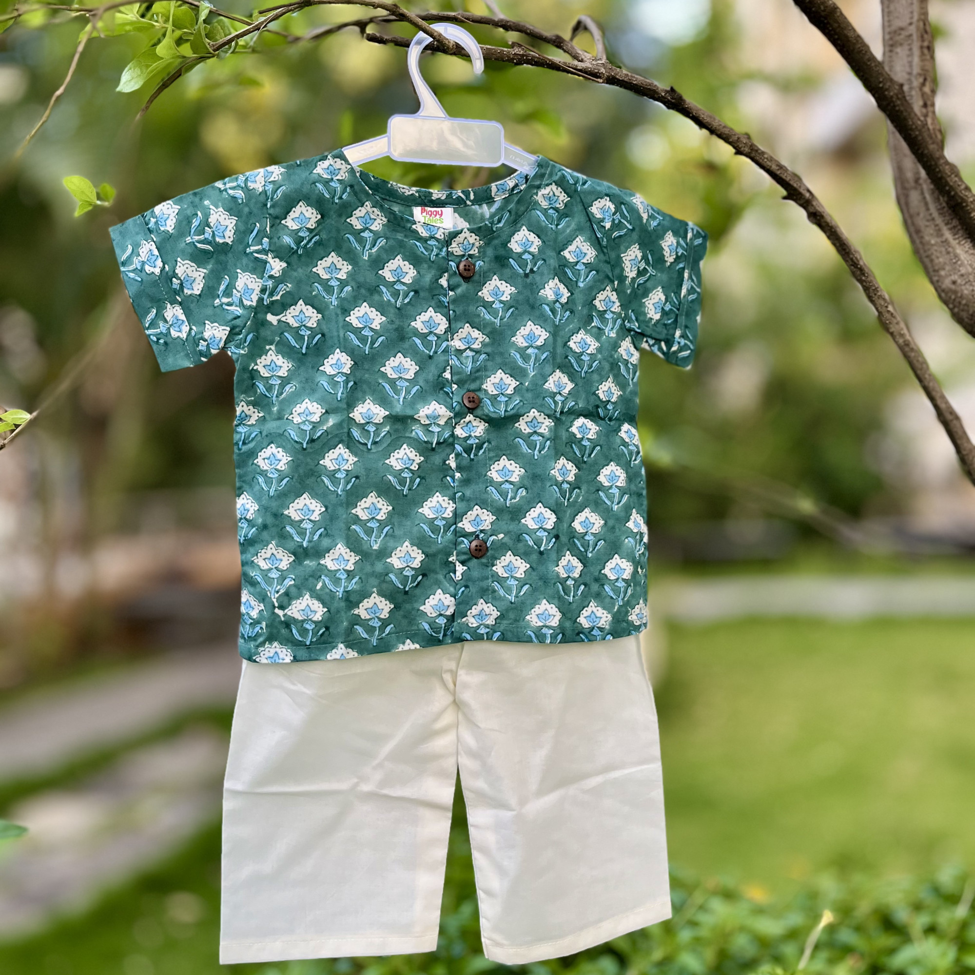 Teal Floral Short Kurta and Pajama Sets
