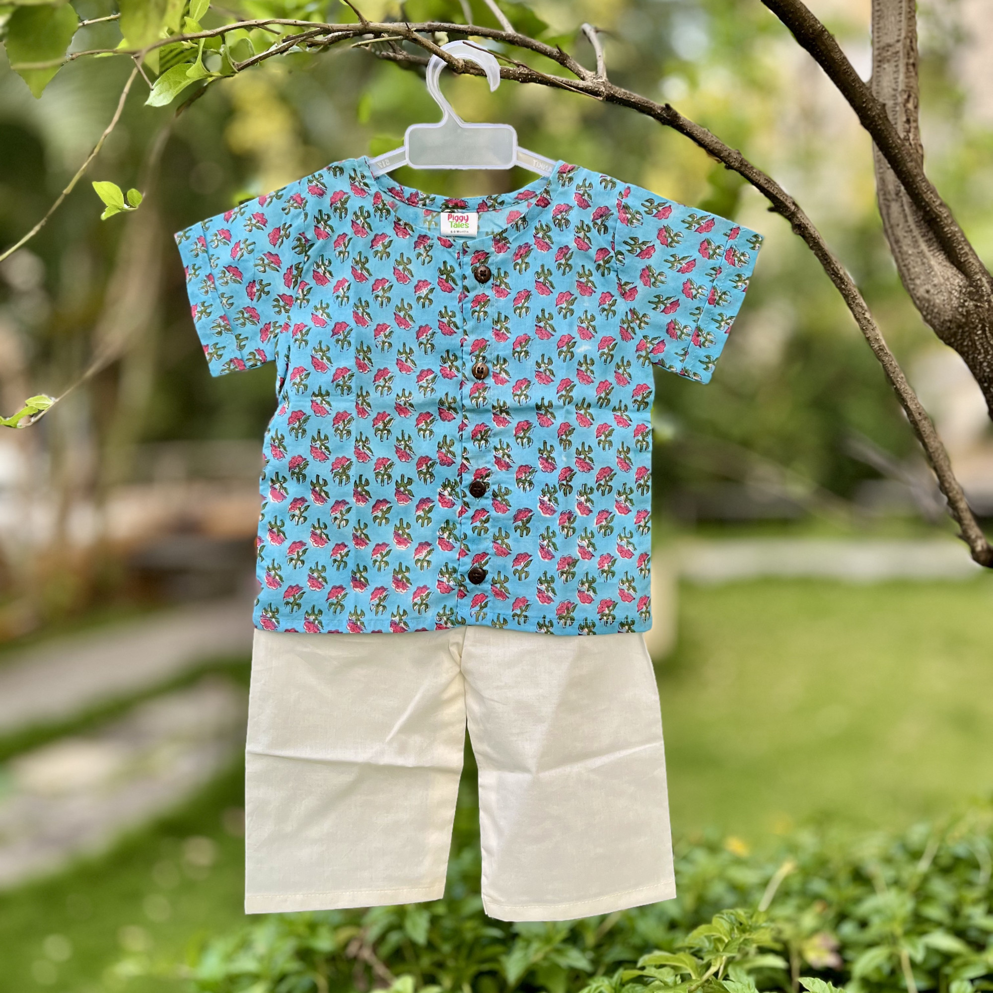 Blue Floral Print Short Kurta and Pajama Sets