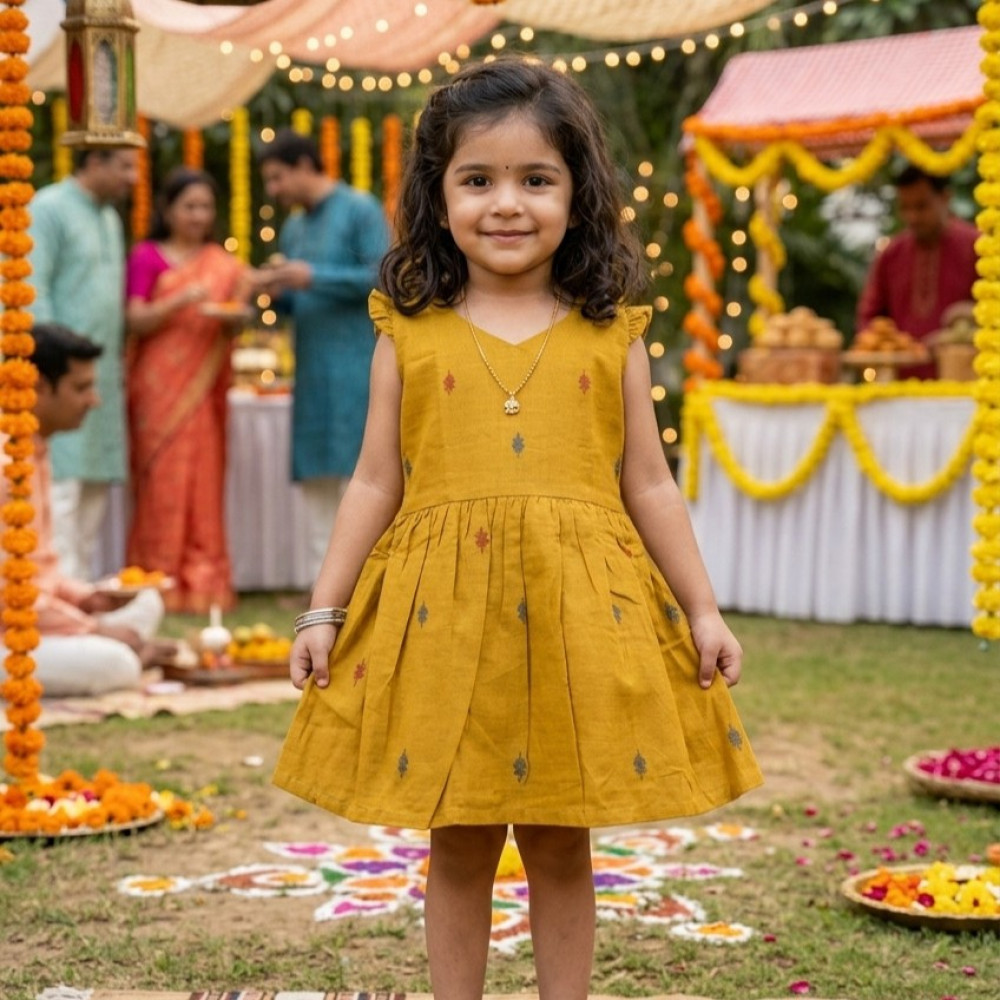 Image of Orange Yellow Cotton Jamdani Frock