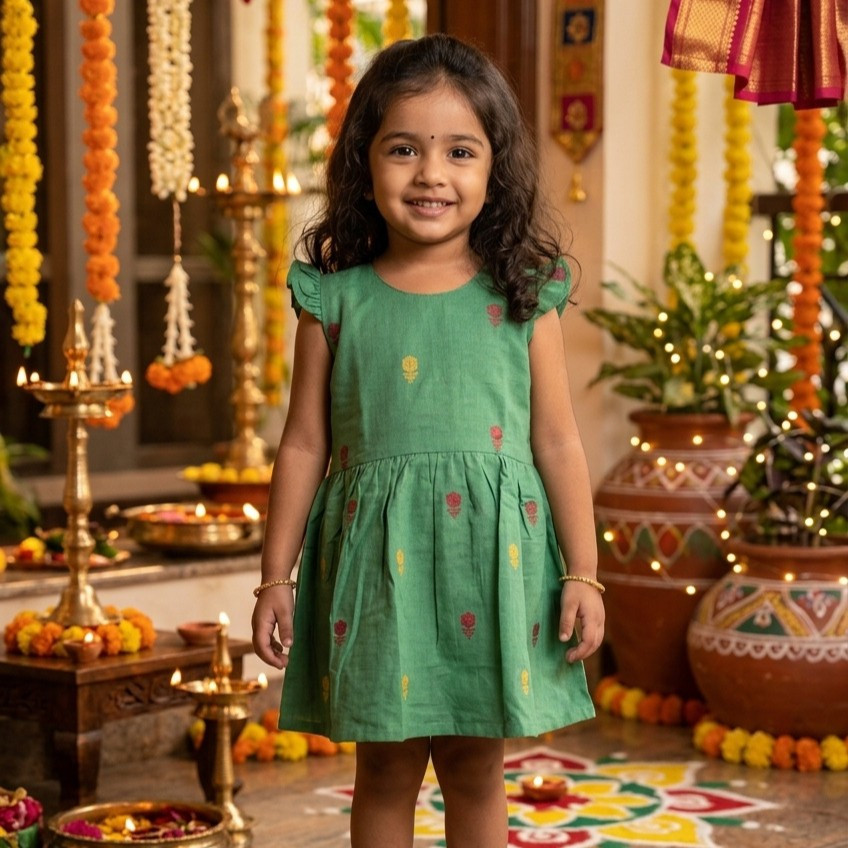 Slate Green Cotton Jamdani Frock