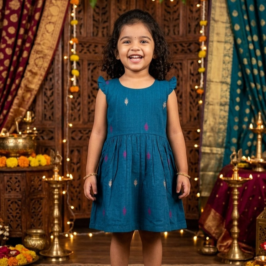 Midnight Blue Cotton Jamdani Frock