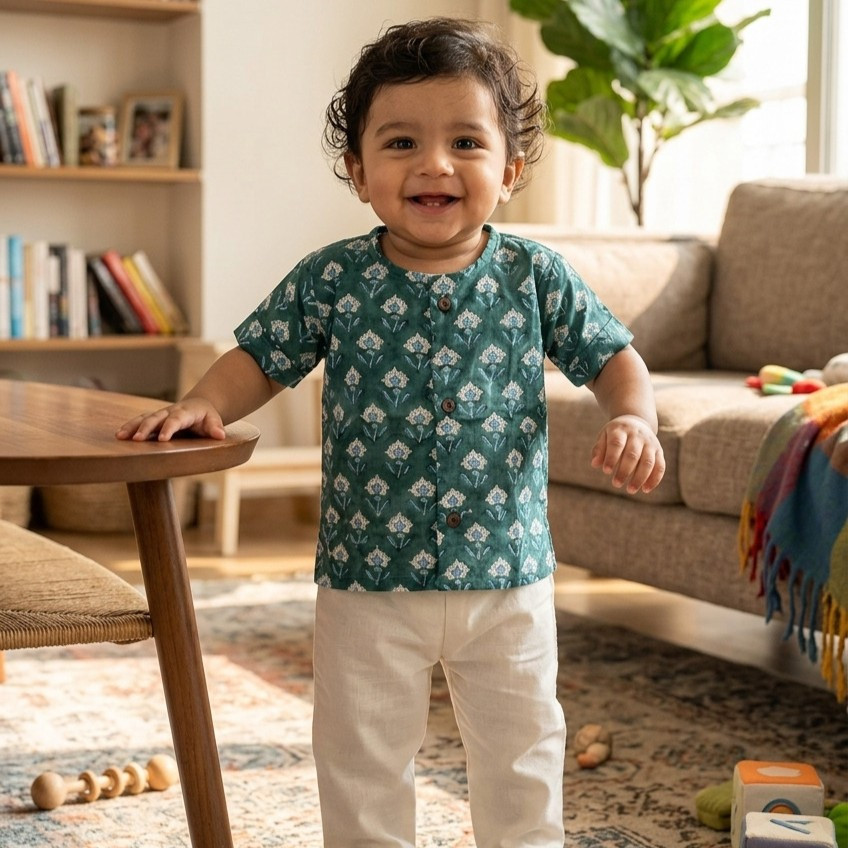 Teal Floral Short Kurta and Pajama Sets