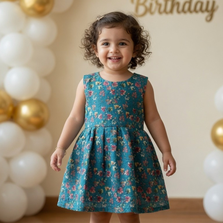 Dark Teal Floral Cotton Hakoba Frock