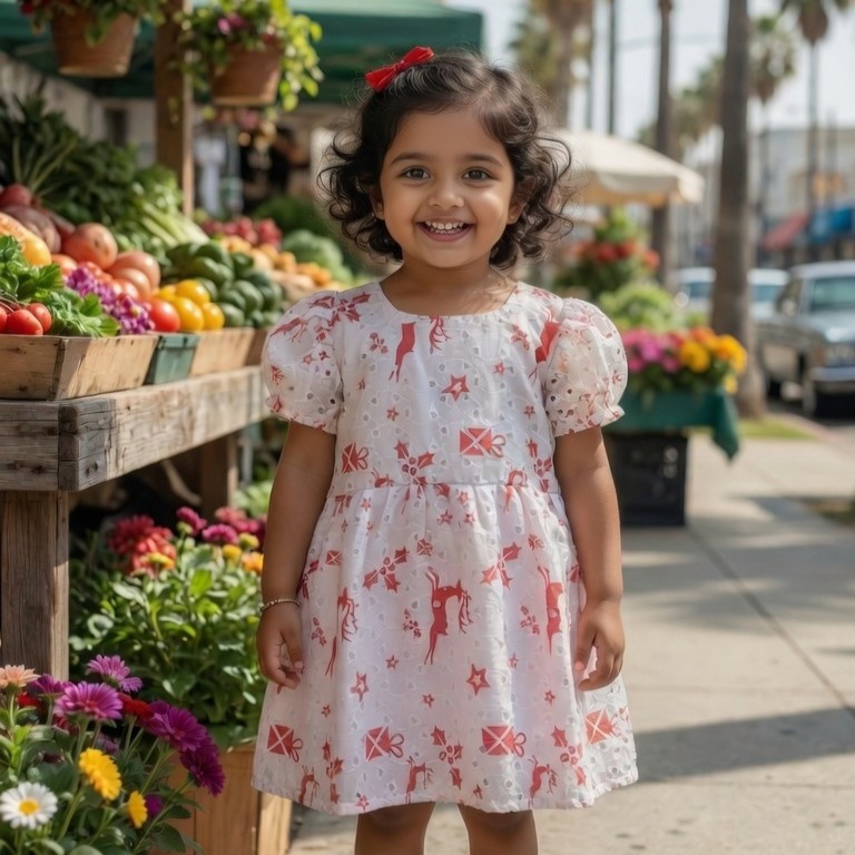 White and Red Deer Cotton Hakoba Frock