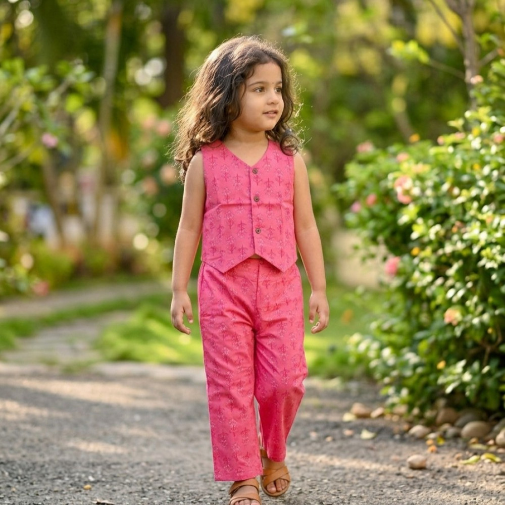 Image of Pink Floral Waistcoat and Pallazo Set
