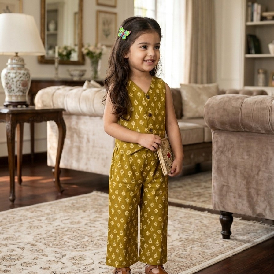 Mustard Foral Waistcoat and Pallazo Set