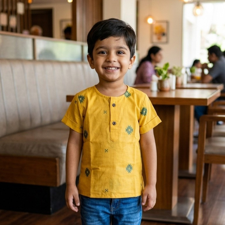 Pure Cotton Jamdani Yellow Short Kurta