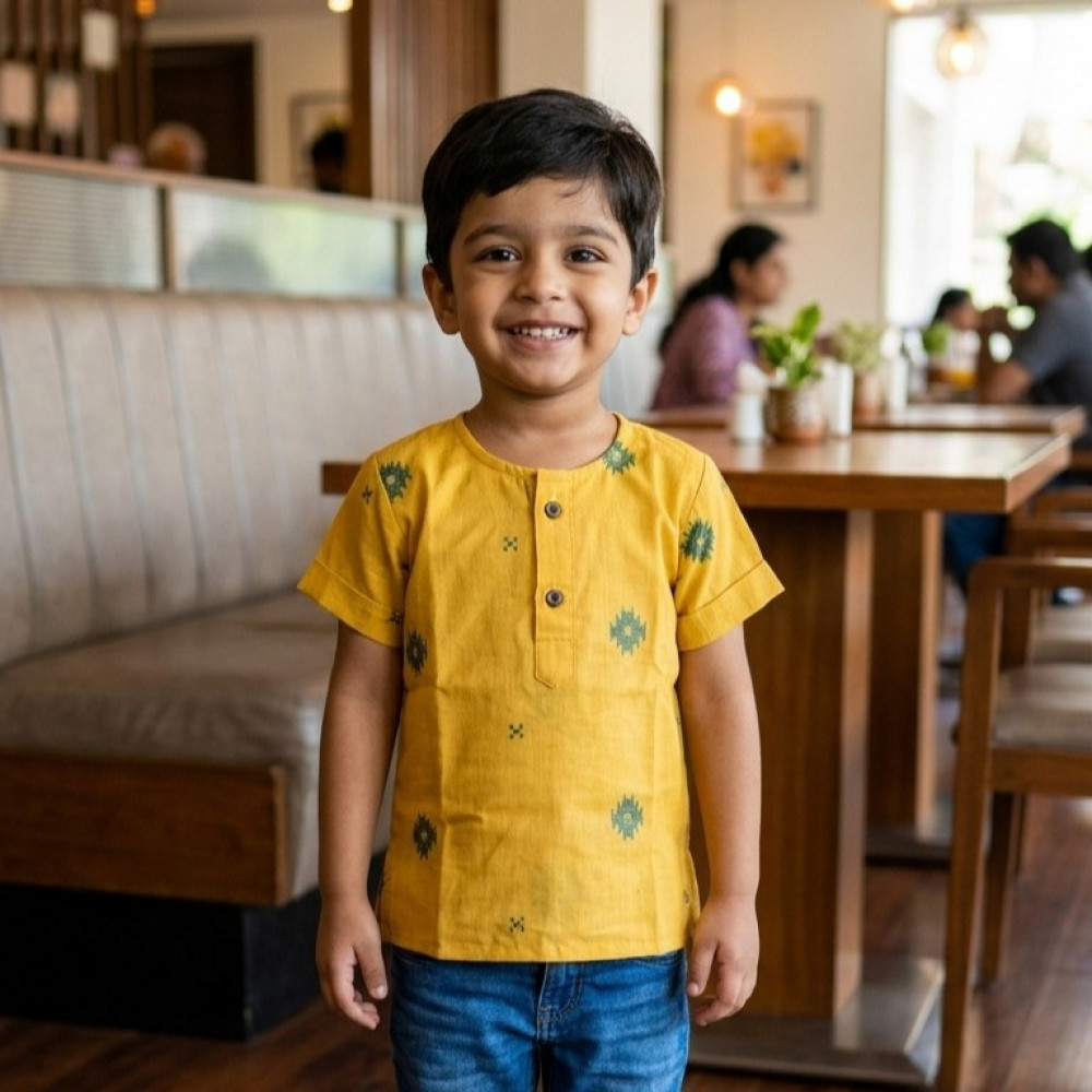 Image of Pure cotton Jamdani Yellow Short Kurta