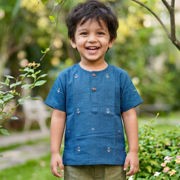 Denim Blue Cotton Jamdani Short Kurta